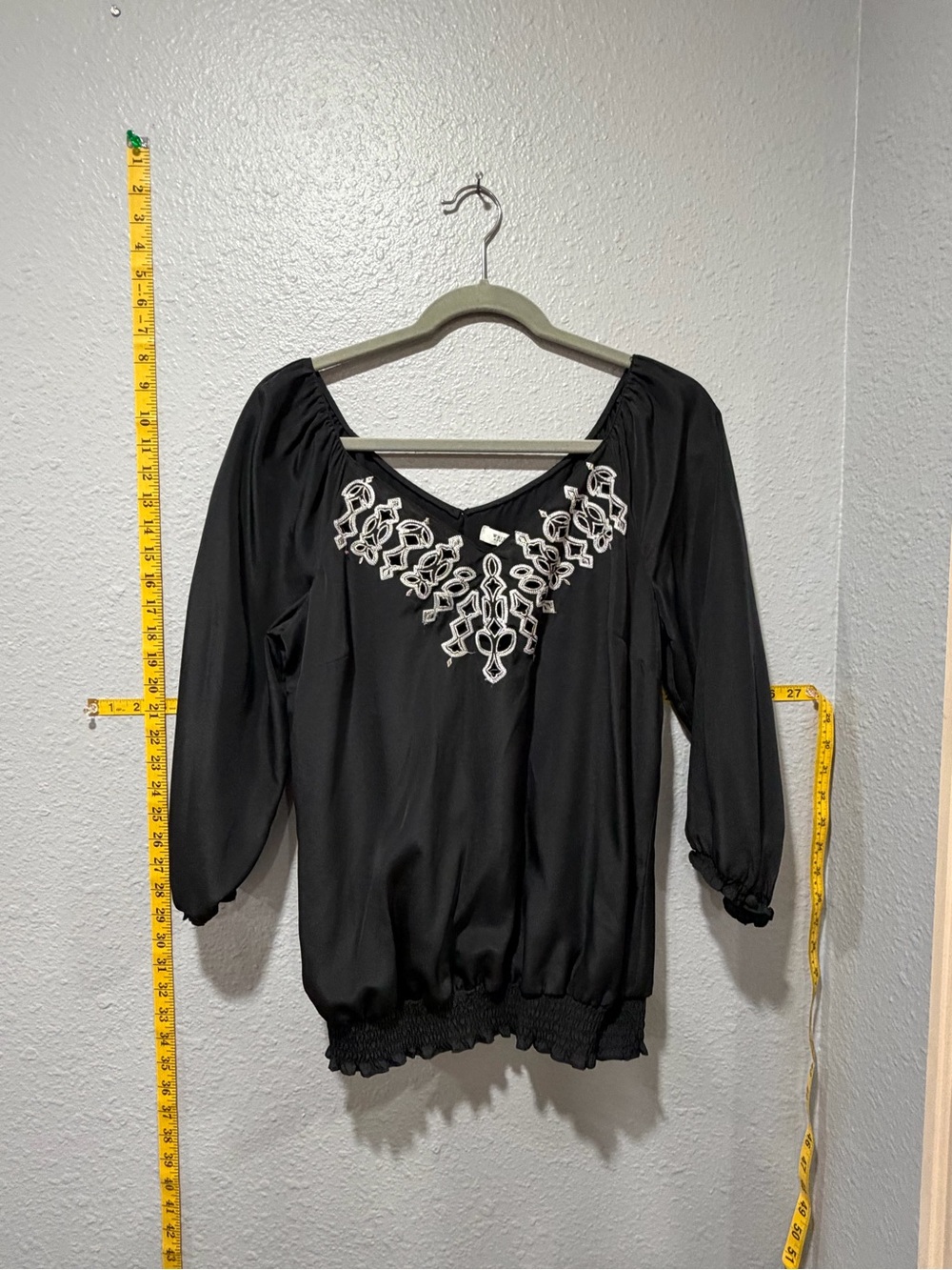 White House Black Market Black Embroidered Peasant Blouse M